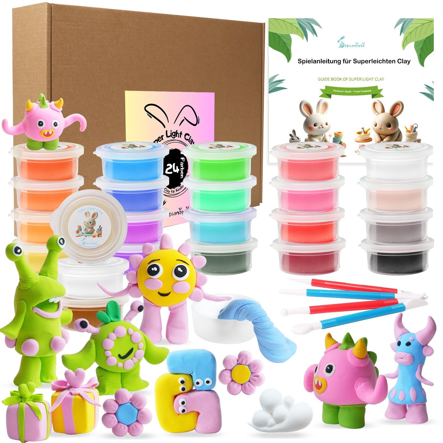 Dreamomo Lufttrocknender Ton, Ultraleichter Ton, 24 Farben Set für Kinderspielzeug - Dreamomo