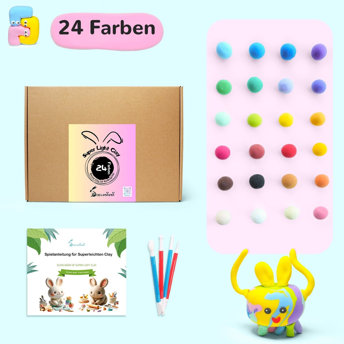 Dreamomo Lufttrocknender Ton, Ultraleichter Ton, 24 Farben Set für Kinderspielzeug - Dreamomo